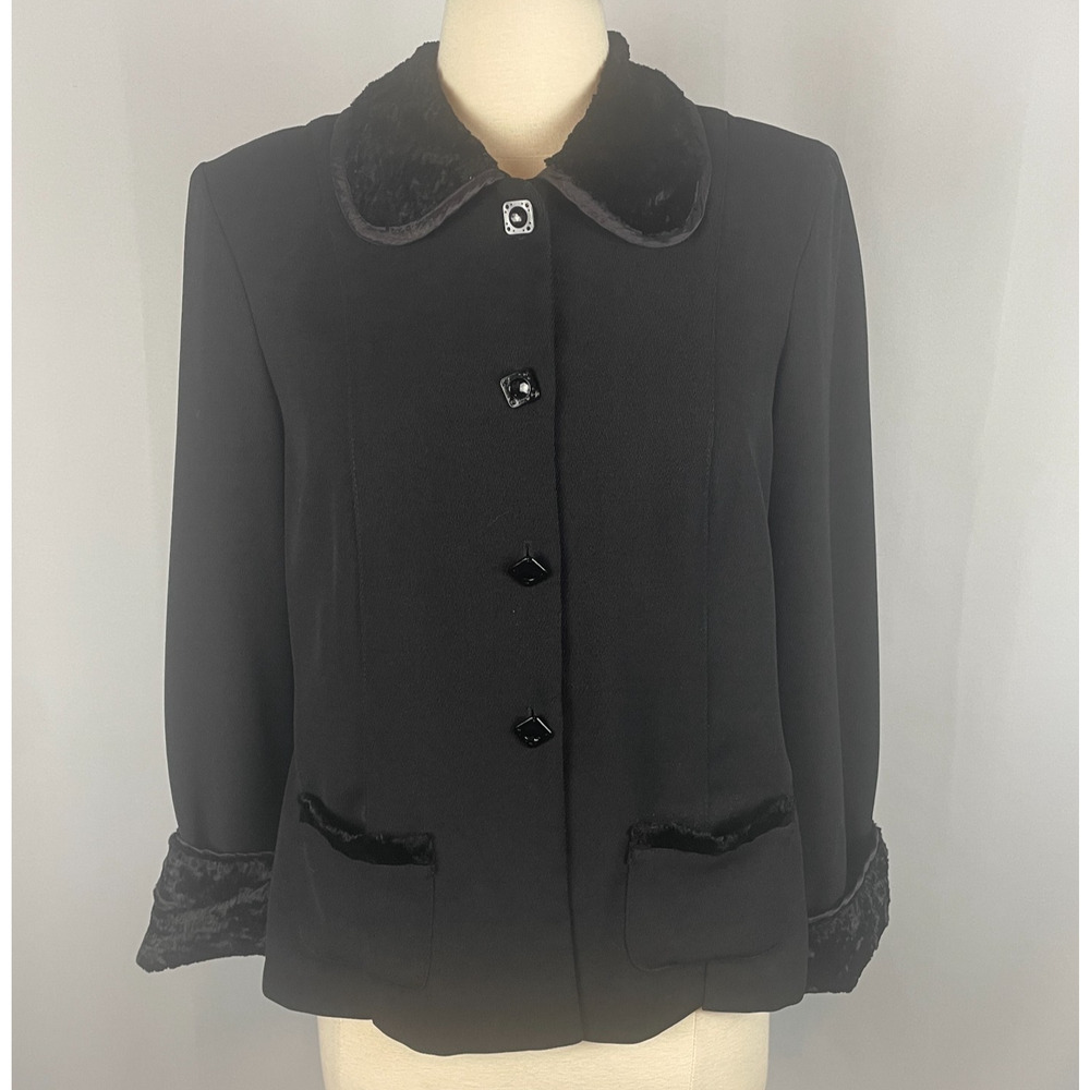 Vintage Jacket Medium Black Solid Fur Trim Minimal Pennylane Whimsigoth Y2K 90s